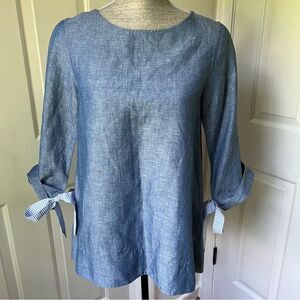 Ann Mashburn Blue Linen Cotton Chambray Blouse Size Small Tie Sleeves